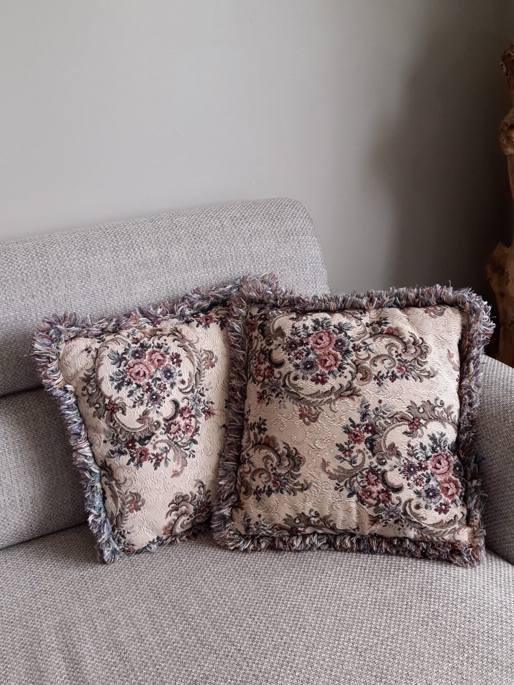 Set of 2 Floral Tapestry Throw Pillows with Fringe
